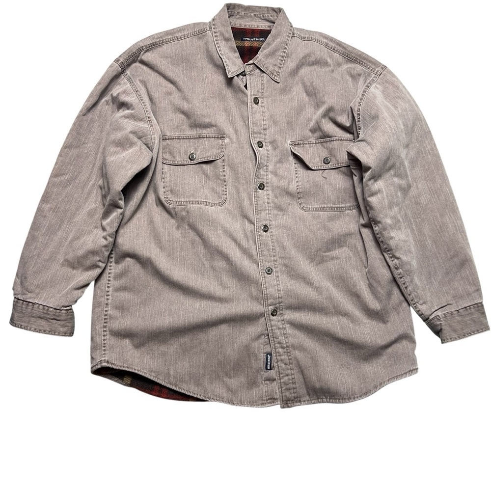 Wolverine Mens XL Shirt Jacket Shacket Button Up Fleece Plaid Lined Taupe